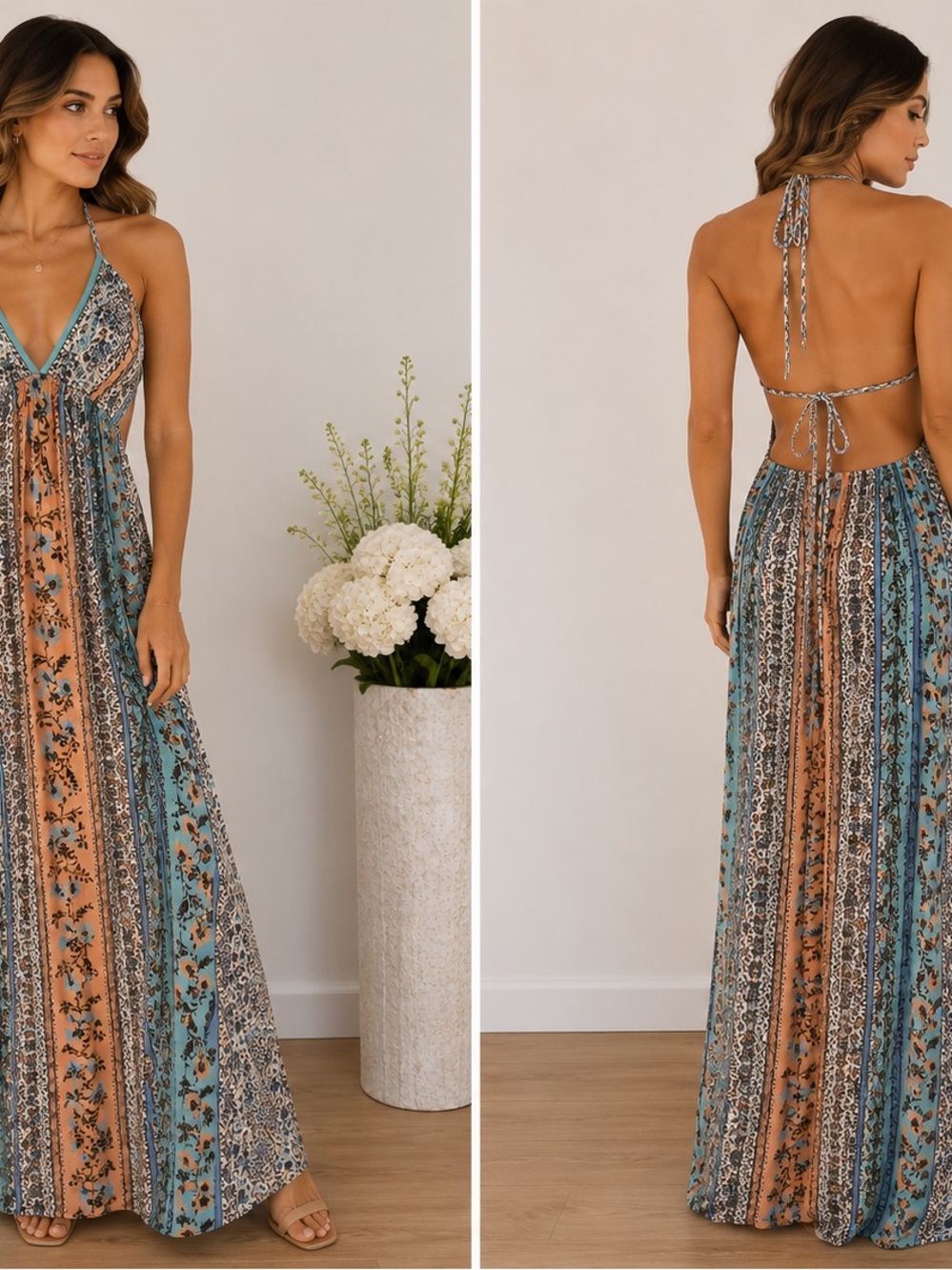 Lovestitch Boho Halter Maxi Dress Blue Peach Border Print Size M
